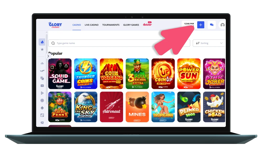 Click on the button to withdraw money from Glory Casino