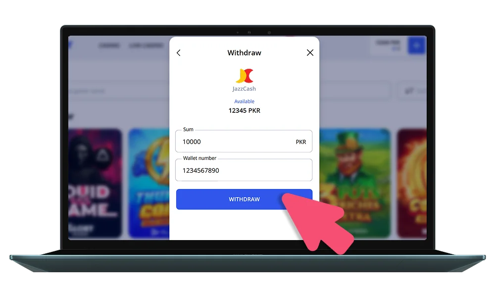 Press Withdraw button at the Glory Casino