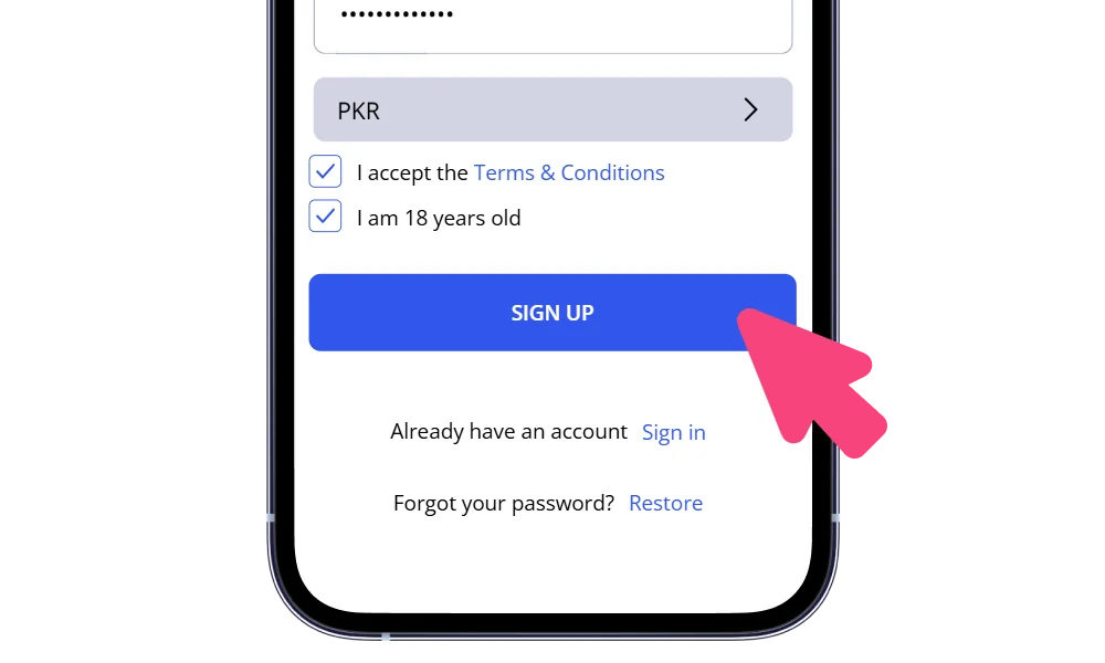 Completing registration in the Glory Casino app in Pakistan